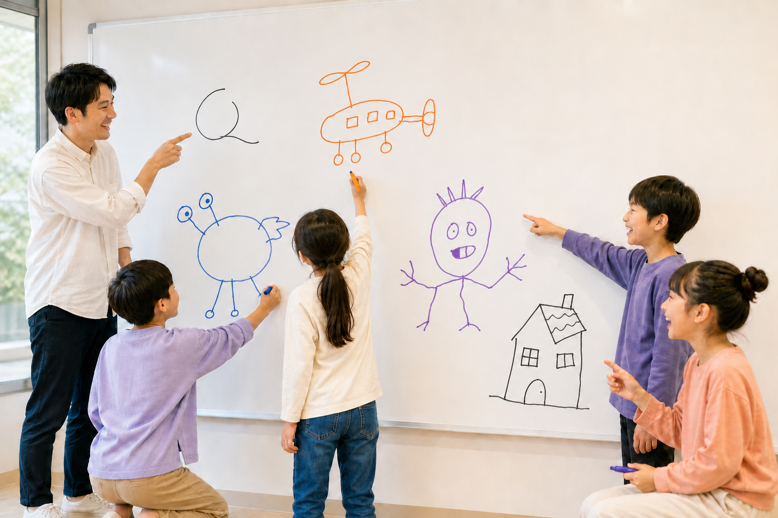 講師と子どもたちがホワイトボードに自由な発想を描く授業